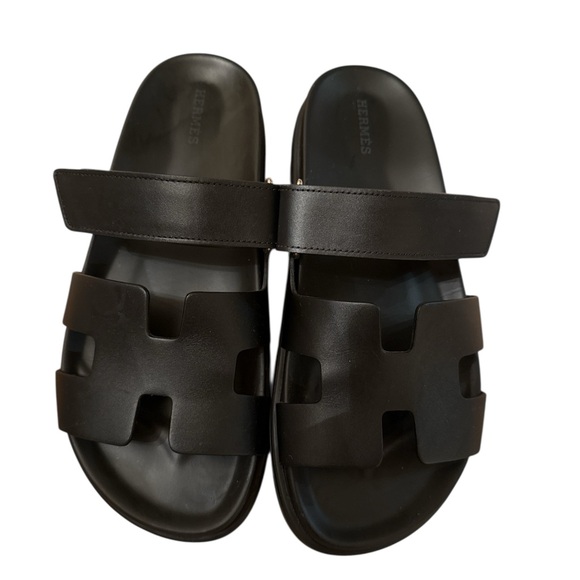 Hermès Black Chypre Slide Sandals 39